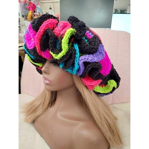 Crochet Ruffle Hat - Neon Stripe