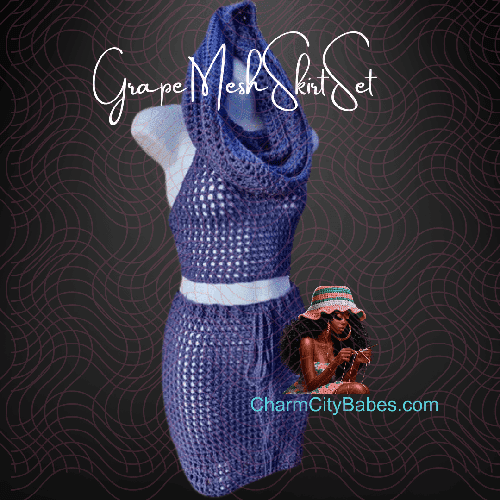 Crochet Mesh Hooded Halter & Skirt XS - Grape